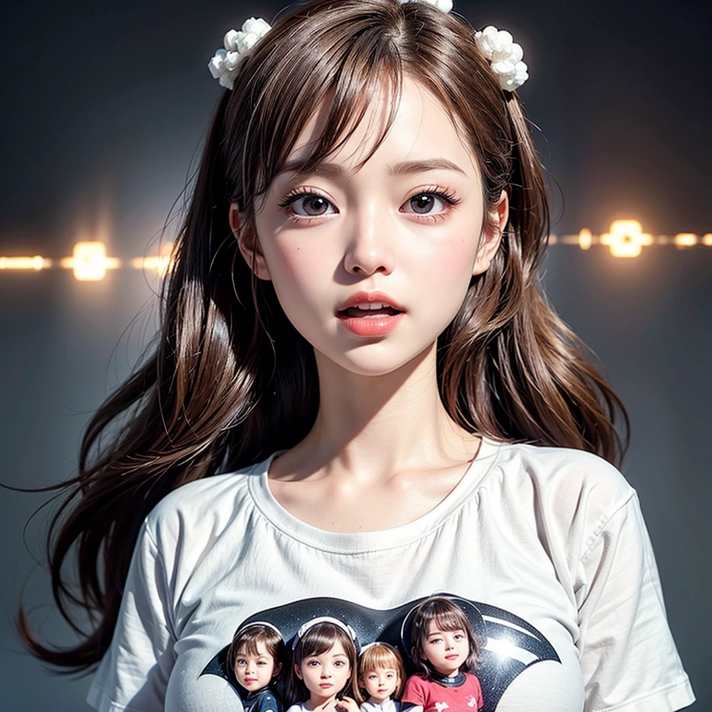White and Bright Red, (Masterpiece 8K TopQuality:1.2) (ProfessionalPhoto:1.37) ExtremelyDetailed (((FullBody, KAWAII girl with HUGE boobs:1.37)) in ((WHITE cotton T-shirt dress:1.28) with (LifeSize her face printed on it:1.24)) detailed (Delicate cotton textures)) PerfectLighting (Studio Dark GRAY Background) with (Oodles of mystic Dazzling RainbowColor Particles:1.26) BREAK (((NOGIZAKA FaceVariations))), Extremely Detailed (very KAWAII Face), Childish CaptivatingGaze Stunning ParfectEyes ElaboratePupils with (SparklingHighlights:1.28), DoubleEyelids with (Detailed Voluminous LongEyelashes:0.88), Small GlossyRedLips with BeautifulDetails, CoquettishTongue, PUNIPUNI RosyCheeks, Radiant PearlSkin with Transparency, Glowing DowneyHair . { (Dynamic Joyful expressions LifeLike Rendering:1.4) | (:d) }, (large eyes:-1) .
