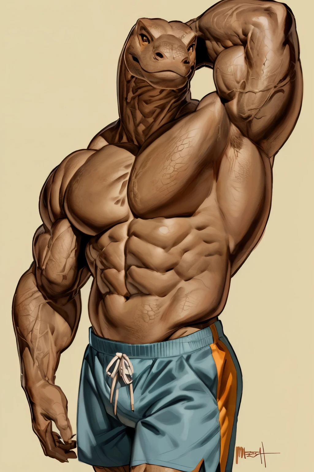 Furry, Anthro, Komodo dragon, Male, Standing, (muscular body), Wearing ((orange)) swim shorts, (((looking at viewer, arms behind head, smug)), ((((massive muscular arms, top-down view)))), Plain background, Front view, Brown Skin, by buta99, by meesh, realistic