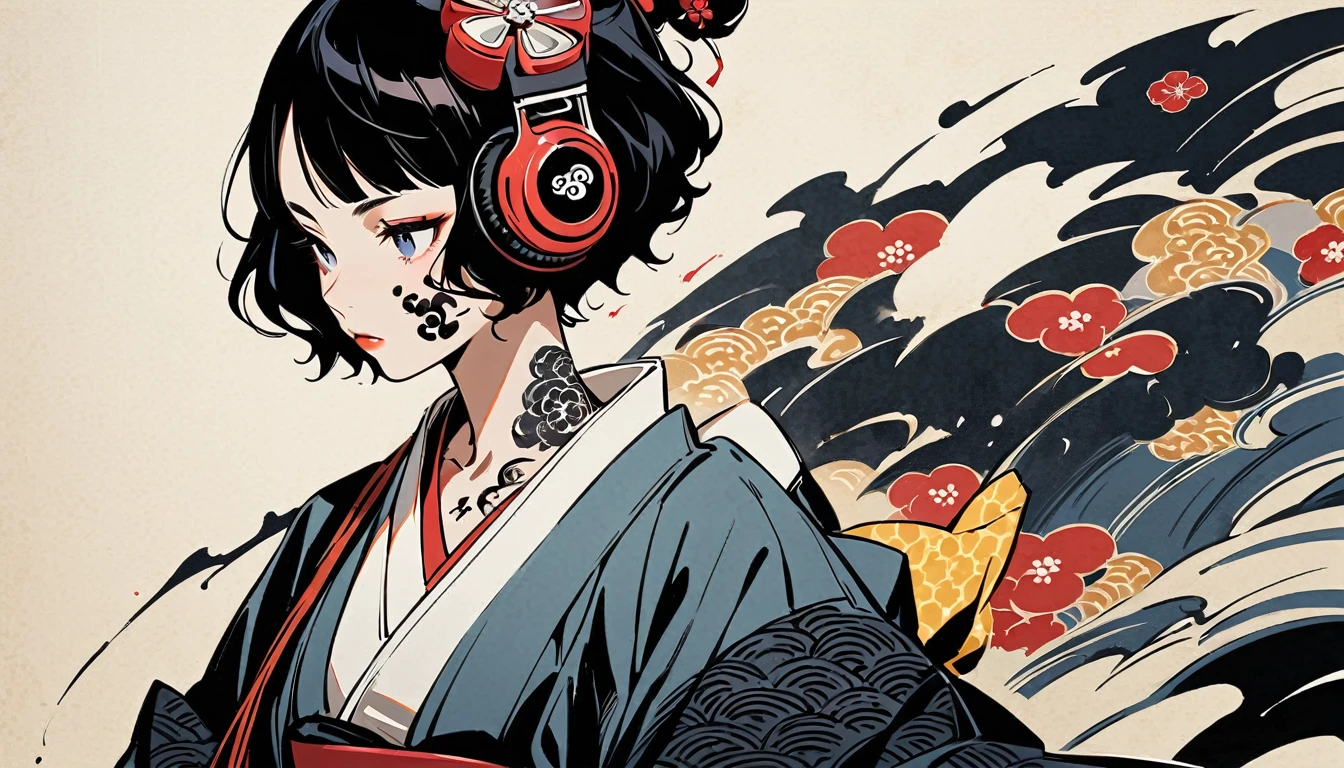 Highest quality, Katsushika Hokusai, Ink Painting, (((1 girl))), (((Tattoo on face))), Japanese style headphones, beautiful girl, Black Hair, Delicate and precise, Modern ukiyo-e style, Darkness