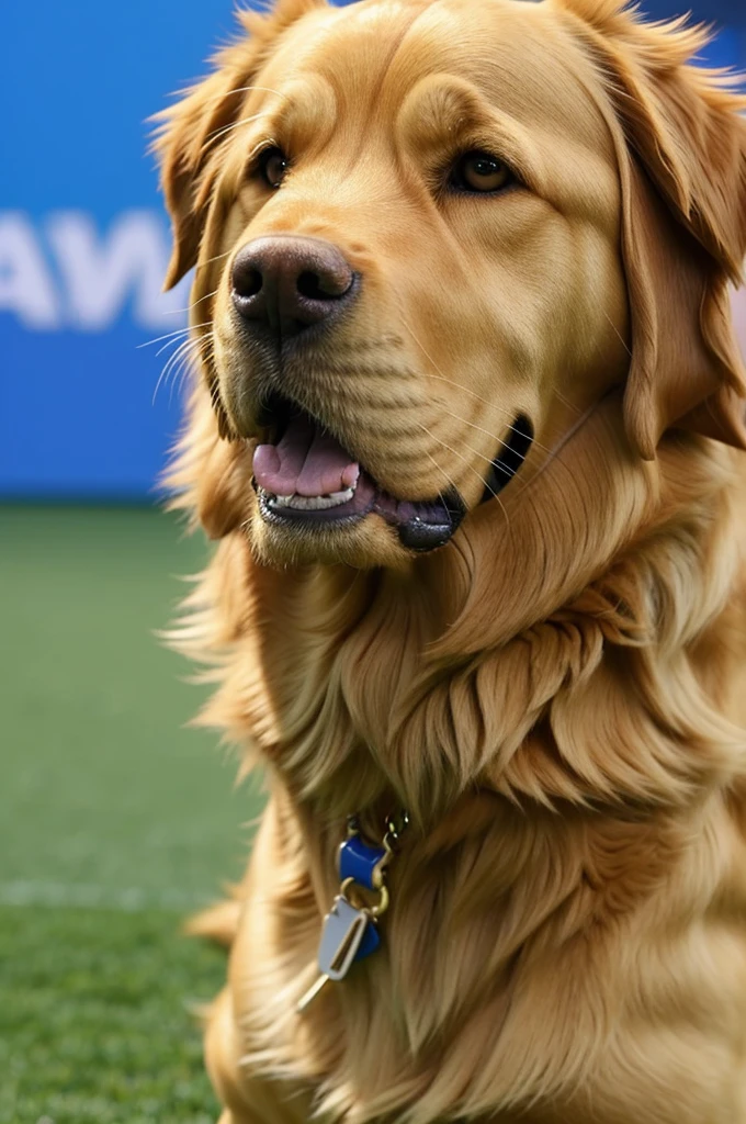 Impersonate an animated Golden Retriver wearing the Brazil national team shirt at the 2024 Copa América.
.
With a sociable and fun expression. shiny golden fur. Lively and curious look