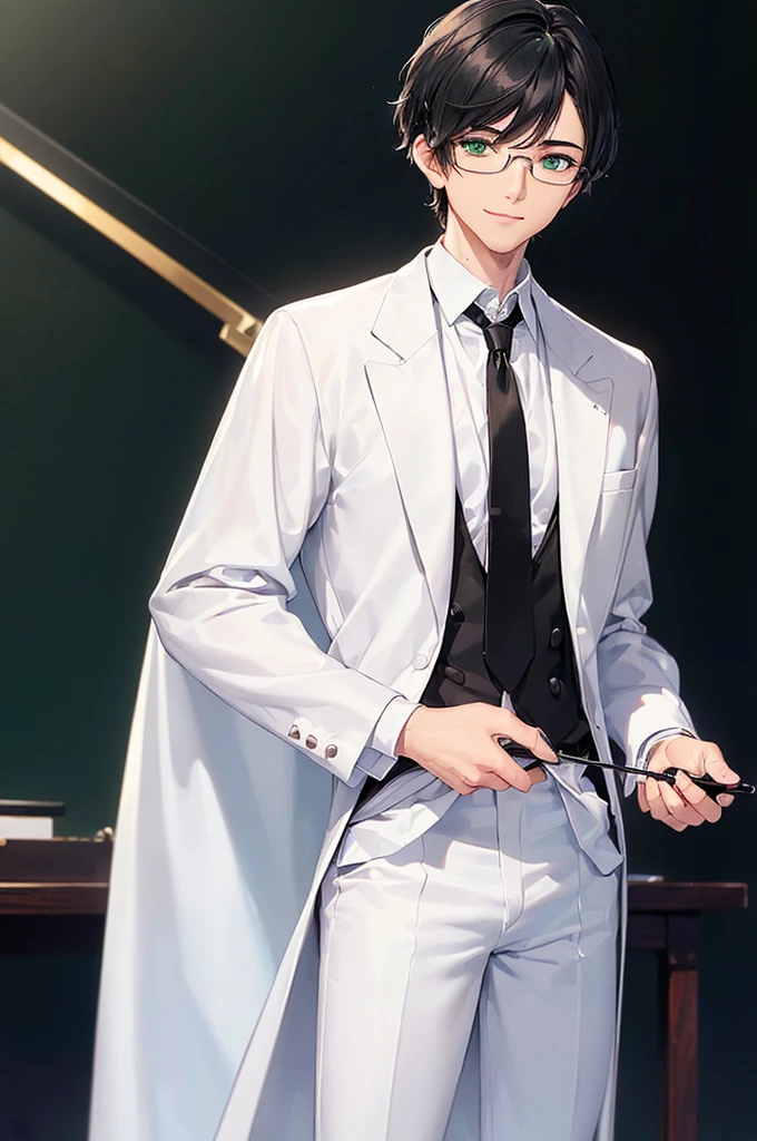 (masterpiece; best quality: 1.2), (finely detailed eyes: 1.3), ((25 year old man)), ((solo)), (green eyes: 1.4), (body; lean, lithe, masculine: 1.3), (very short black hair: 1.3), (beautiful and clear background: 1.2), ((depth of field)), (equipment: white open labcoat + black shirt + white necktie + white pants + black square glasses: 1.3), (anime illustration: 1.2), (background composition; japanese highschool classroom + furniture: 1.1), (extremely fine and handsome: 1.1), (shot composition; standing + centered on torso + close-up: 1.5), (expression; calm, smile: 1.2)