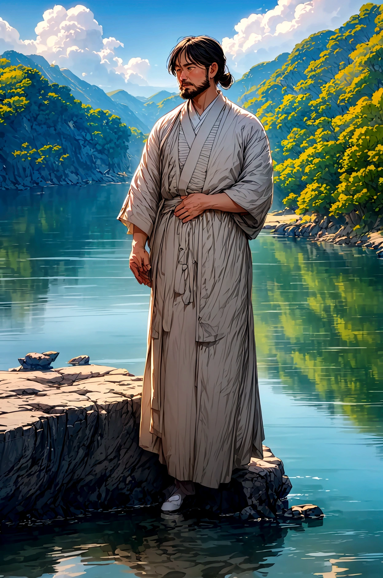 Create a high-quality anime-style image featuring an elderly man standing on a rocky cliff by the sea. The man has white hair, a beard, and is wearing round glasses. He is dressed in a white shirt, beige pants rolled up at the ankles, and white sneakers. His posture is relaxed, with his hands in his pockets, gazing thoughtfully into the distance.

The background consists of a clear blue sky filled with fluffy, white clouds. Below the cliff, there is a calm sea with boats and a small coastal village nestled at the foot of green, mountainous terrain. The scene captures a peaceful, reflective moment, with vibrant colors and detailed shading to emphasize the tranquil and contemplative atmosphere.