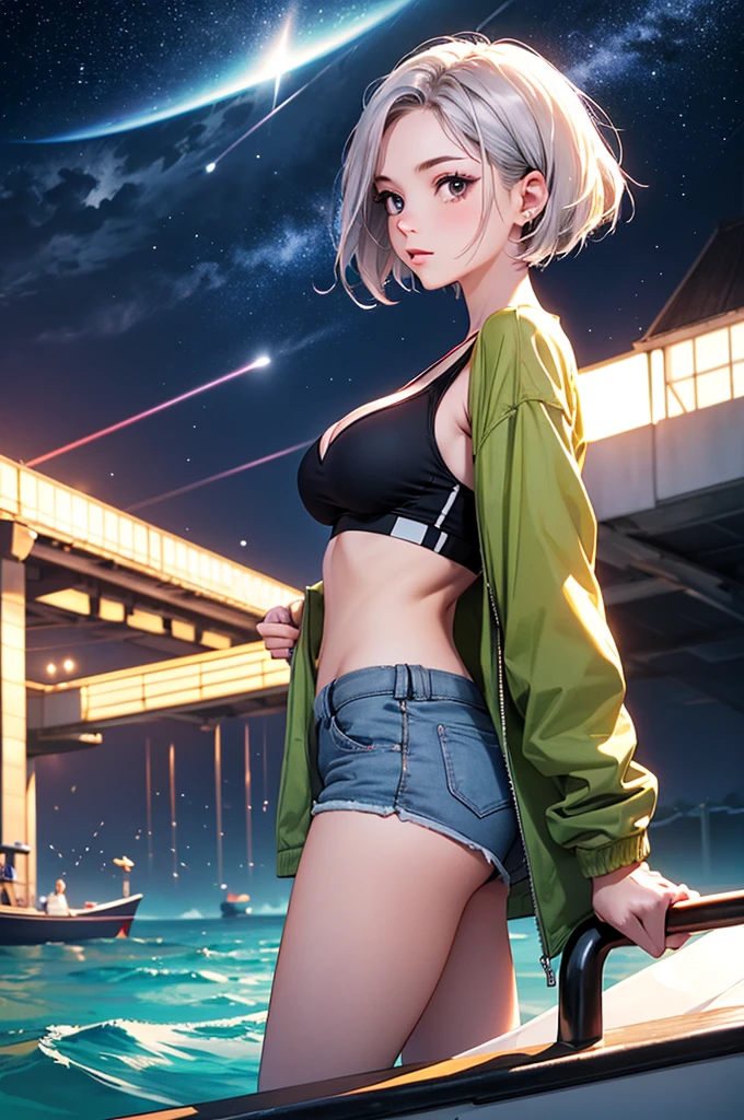 (masterpiece:1.5, Highest quality, Very detailed、 Dutch Angle、Realistic、2.5D、Realistic)(One Girl, Sports Girl)(Silver Hair:1.6,,short hair)(Sports Bra、Jacket:1.5、Shorts、tightedium breasts, Beautiful cleavage,underboob))(from backside),(Beautiful starry sky、Mystical Night、Particles of light float around the woman、Fantastic space、Ocean、On the boat)