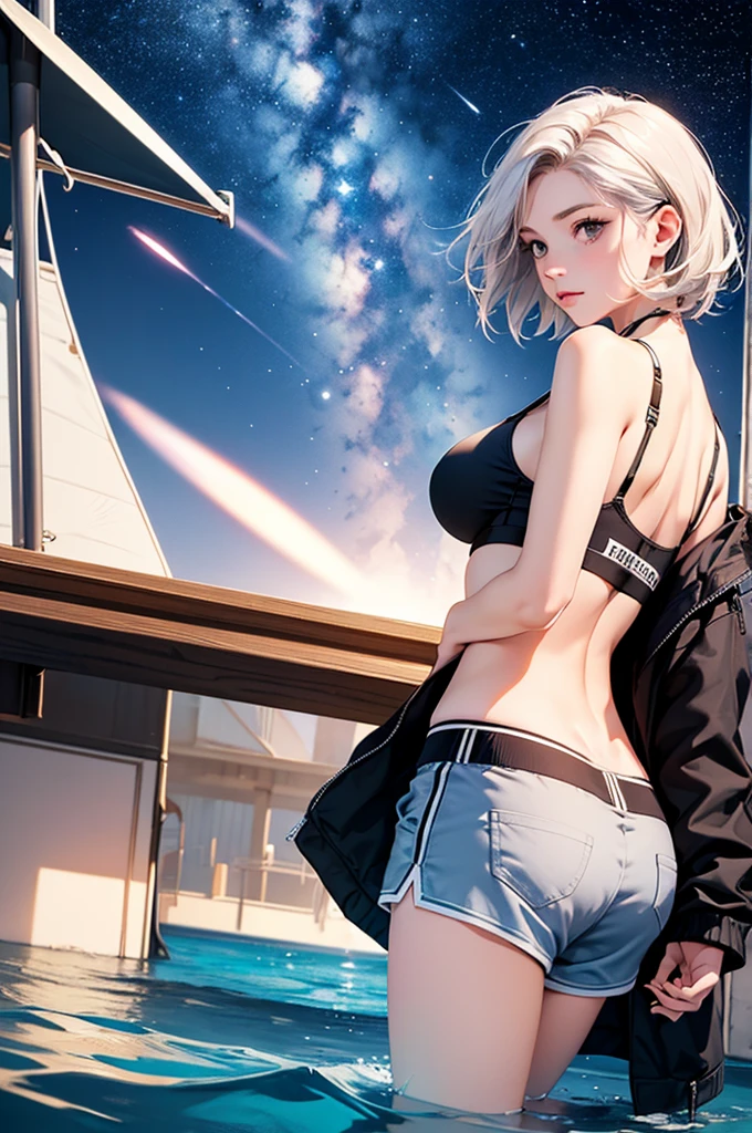 Photorealism, highest quality, ultra-high resolution, photography, exquisitely beautiful photography, extraordinary beauty, ultra-high definition anime wallpaper:1.3, Blake, perfect body, biologically accurate limbs, beautiful bangs, shining white skin, bangs, eyebrows, beautiful and shiny hair, smooth hair, thin hair, focus on the whole body, back view photo:1.5, back view:1.5, from behind, full body shot:1.5, ((Photo taken with a camera on the road)), neat and tidy adult female teacher, 2, 1 person, (hooded parka, camisole, tulle skirt), ((thighs)), (white panties, exposed buttocks), ((skirt and hair fluttering in the wind), model-like legs, gray wavy hair, long hair, city, retro city atmosphere, retro shades, ((Back view of a woman walking into the distance:1.5)), (Space-like sky, starry sky, Milky Way, many small stars:1.5),