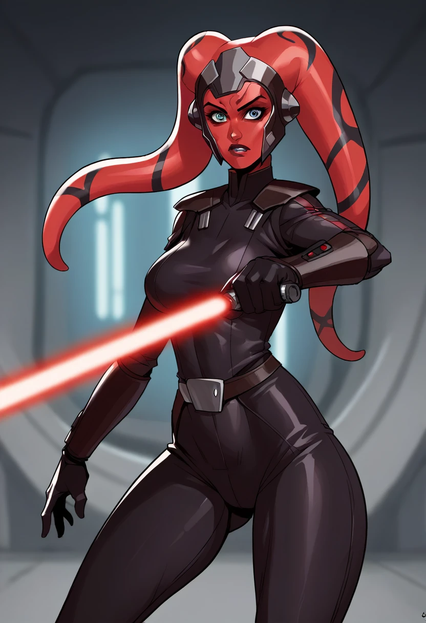 score_9, score_8_up, score_7_up, score_6_up, 2d, rating_questionable, rating_safe, BREAK ((green skin)) Female Twi'lek (((hera syndulla ))), helmet with red visor, star wars, armor,black gloves,tight bodysuit,black cape,black pants, close up, solo, standing, front view, medium breasts, wide hips, holding lightsaber, double edged, action pose, red blade, indoors, sith base, science fiction,
