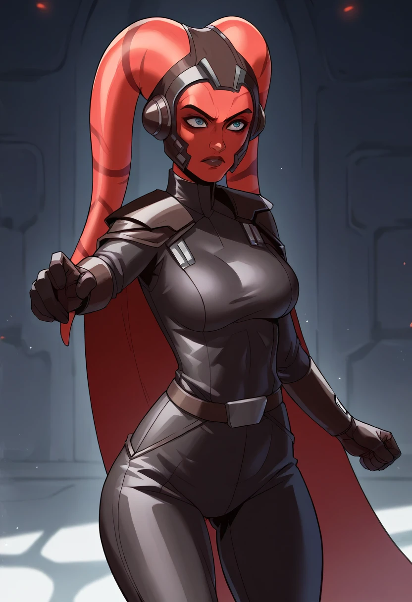 score_9, score_8_up, score_7_up, score_6_up, 2d, rating_questionable, rating_safe, BREAK ((green skin)) Female Twi'lek (((hera syndulla ))), helmet with red visor, star wars, armor,black gloves,tight bodysuit,black cape,black pants, close up, solo, standing, front view, medium breasts, wide hips, holding lightsaber, double edged, action pose, red blade, indoors, sith base, science fiction,
