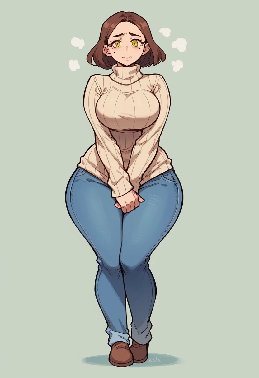 a 38 year old adult woman, She has a robust and curvy build... Your hips, stomach and bust are pronounced..., which gives you an hourglass figure, some wrinkles on the face..., short brown hair, yellow eyes, a mole on the cheek, closed smile, big breasts, Wide hips, thick thighs, rolls, large beige turtleneck sweater, sleeves covering hands, blue wide jeans, baggy clothes, full body view, Alone, cream colored background, standing, gordibuena