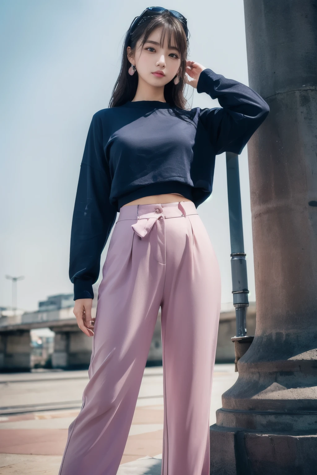 (masterpiece, Highest quality:1.2), (RAW Photos), (Beautiful girl),(dark blue color tops), (pastel pink color pants),