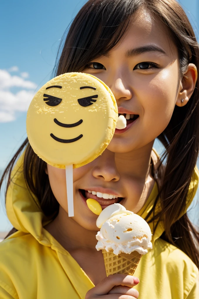Yellow face emoji eating ice cream