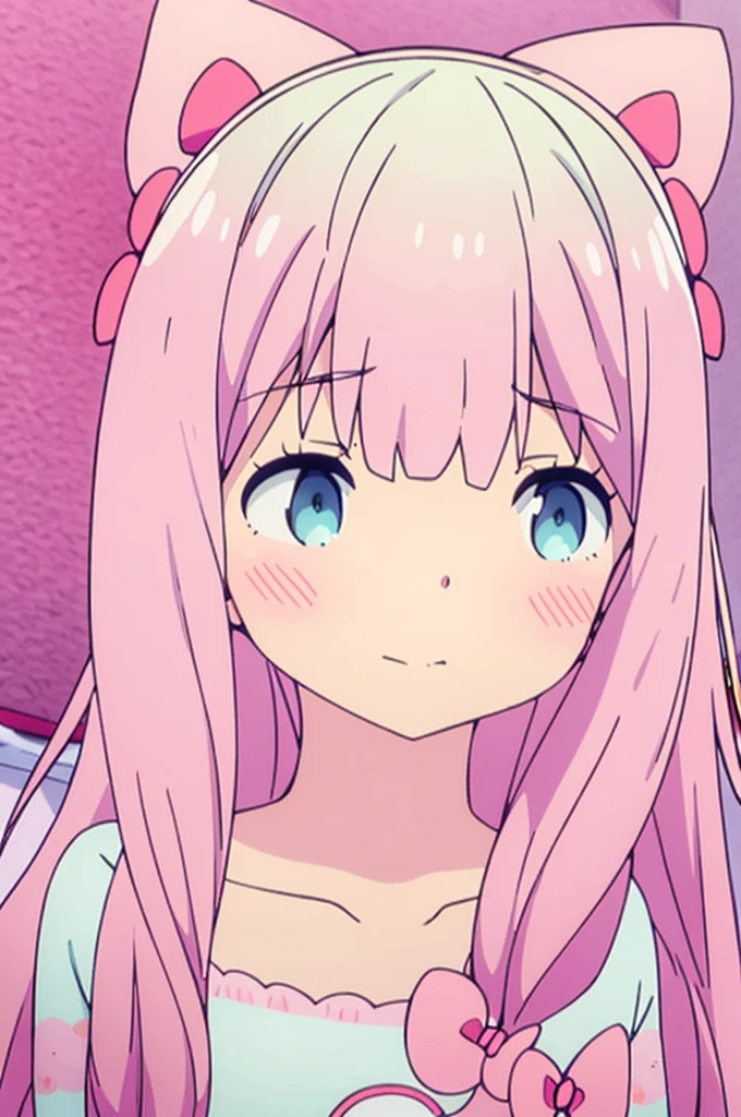 cute anime girl with pink hair bows, big hair, White skin, pink dress holding trans flag with bows in her pink hair, hello kitty, with a pink bow on her head, hello kitty, solution, with the trans flag