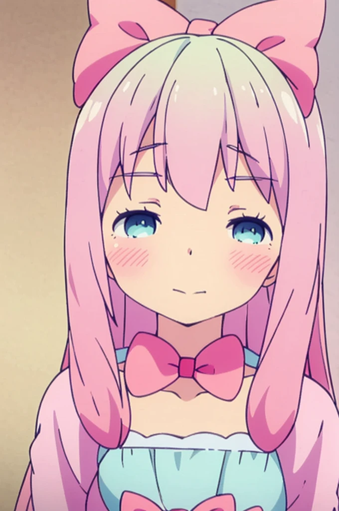 cute anime girl with pink hair bows, big hair, White skin, pink dress holding trans flag with bows in her pink hair, hello kitty, with a pink bow on her head, hello kitty, solution, with the trans flag