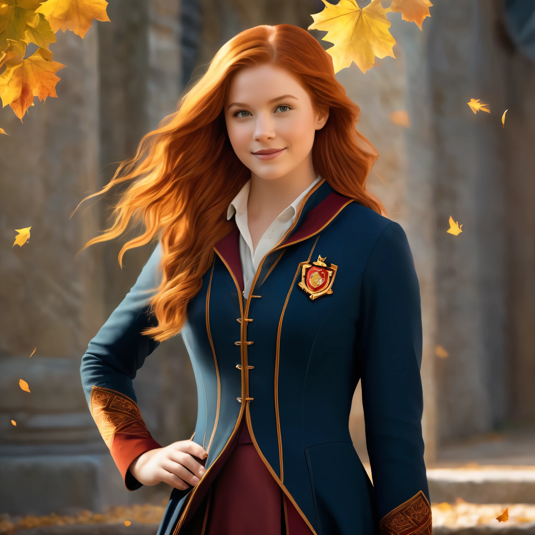 "Create a captivating image of a 25-year-old Ginny Weasley, emanating charm and warmth. Render a high-quality portrait resembling a photograph, showcasing Ginny's radiant smile, sparkling eyes, and vibrant personality. Her fiery red hair should flow in soft waves, complementing her freckled complexion. Dressed in a stylish Hogwarts outfit, Ginny exudes confidence. The image should convey her positive spirit, allowing viewers to feel her infectious energy. This enchanting portrait should beautifully capture Ginny's youthful vibrance and magnetic charm in a high-resolution, dynamic style with nuanced details."