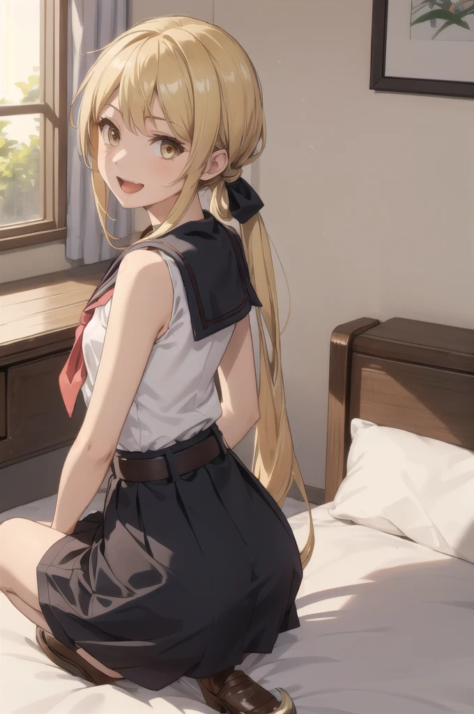 (masterpiece), (Highest quality), (Super detailed), ((Very delicate and beautiful)), One girl, 独奏, Satsuki, Blonde, Cowboy Shot, Black Sailor Suit, White neckerchief, Crescent Pin, (very long hair), smile, Flat Chest, belt, Black Skirt, Open your mouth, Sitting, on bed,  indoors, Detailed iris, young,  (Skirt Lift), (panties), With legs apart, Squat, From behind, Butt