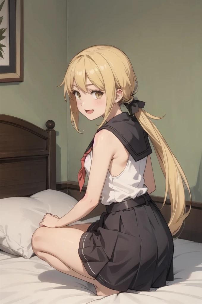 (masterpiece), (Highest quality), (Super detailed), ((Very delicate and beautiful)), One girl, 独奏, Satsuki, Blonde, Cowboy Shot, Black Sailor Suit, White neckerchief, Crescent Pin, (very long hair), smile, Flat Chest, belt, Black Skirt, Open your mouth, Sitting, on bed,  indoors, Detailed iris, young,  (Skirt Lift), (panties), With legs apart, Squat, From behind, Butt