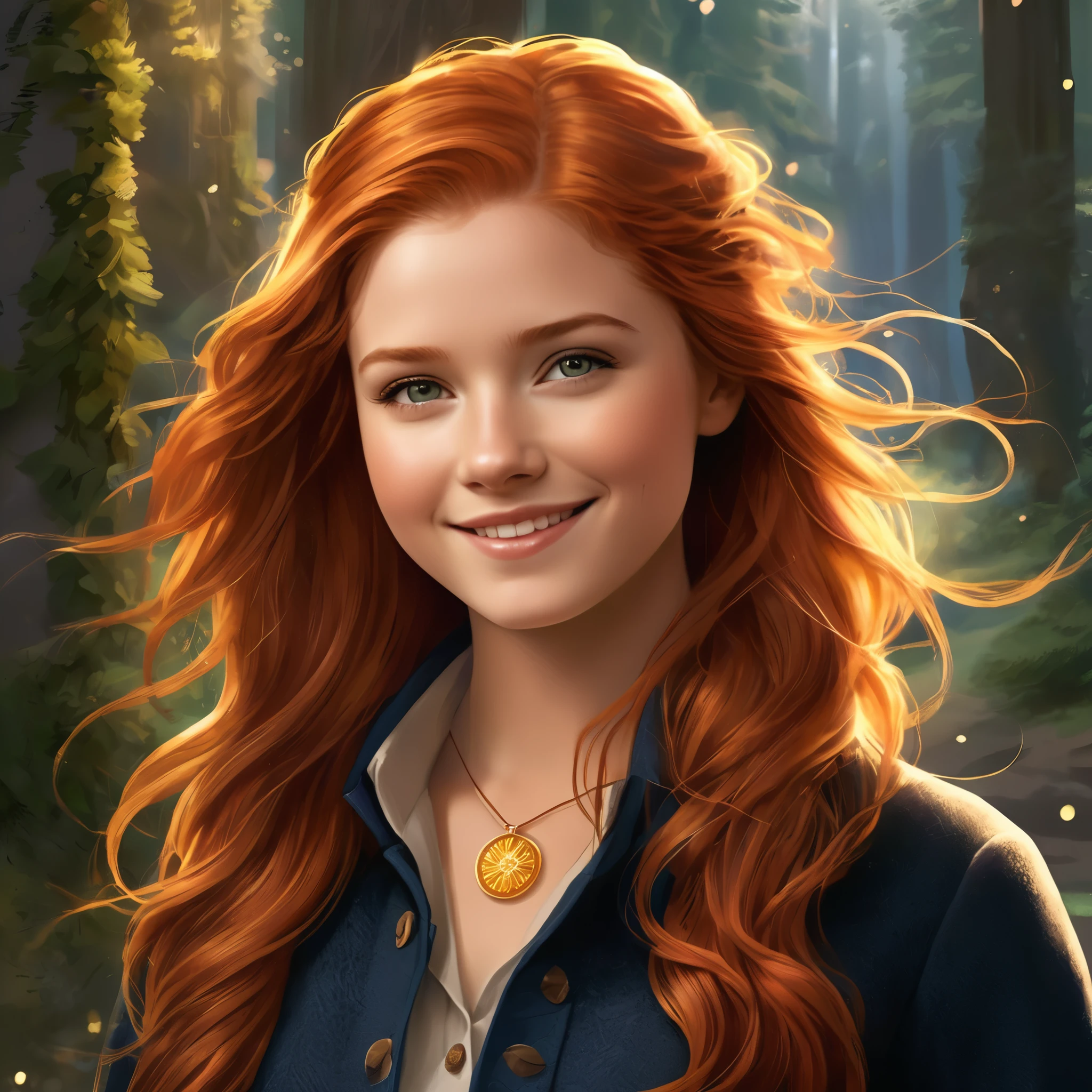 "Create a captivating image of a 25-year-old Ginny Weasley, emanating charm and warmth. Render a high-quality portrait resembling a photograph, showcasing Ginny's radiant smile, sparkling eyes, and vibrant personality. Her fiery red hair should flow in soft waves, complementing her freckled complexion. Dressed in a stylish Hogwarts outfit, Ginny exudes confidence. The image should convey her positive spirit, allowing viewers to feel her infectious energy. This enchanting portrait should beautifully capture Ginny's youthful vibrance and magnetic charm in a high-resolution, dynamic style with nuanced details."