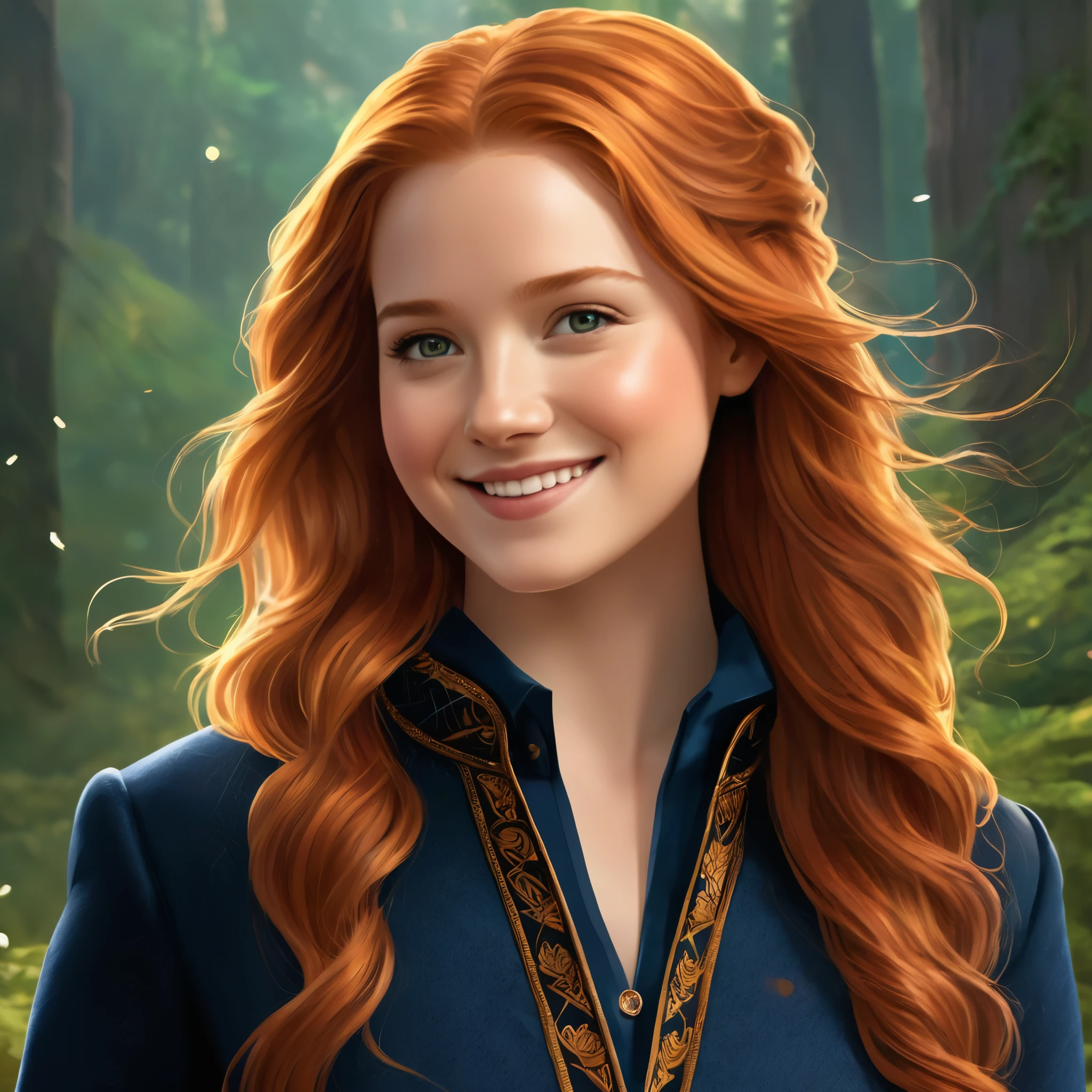 "Create a captivating image of a 25-year-old Ginny Weasley, emanating charm and warmth. Render a high-quality portrait resembling a photograph, showcasing Ginny's radiant smile, sparkling eyes, and vibrant personality. Her fiery red hair should flow in soft waves, complementing her freckled complexion. Dressed in a stylish Hogwarts outfit, Ginny exudes confidence. The image should convey her positive spirit, allowing viewers to feel her infectious energy. This enchanting portrait should beautifully capture Ginny's youthful vibrance and magnetic charm in a high-resolution, dynamic style with nuanced details."