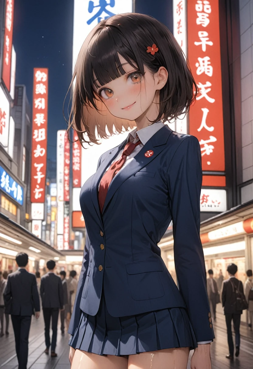 ((masterpiece,Highest quality:1.3,best quality illustration)),cowboy shot,1woman,16-year-old Japan beauty,((very small head:1.4)),short bob hair,blunt bangs,orange hair,brown eyes,gorgeous eyes,blush,smile,medium breasts,((very long body)),(School uniform,Navy blue blazer、Red tie、White Shirt、Navy blue pleated mini skirt),(toned body,slender body,skinny),gleaming skin,shiny skin,oily skin,standing,Shibuya Station、Tokyo