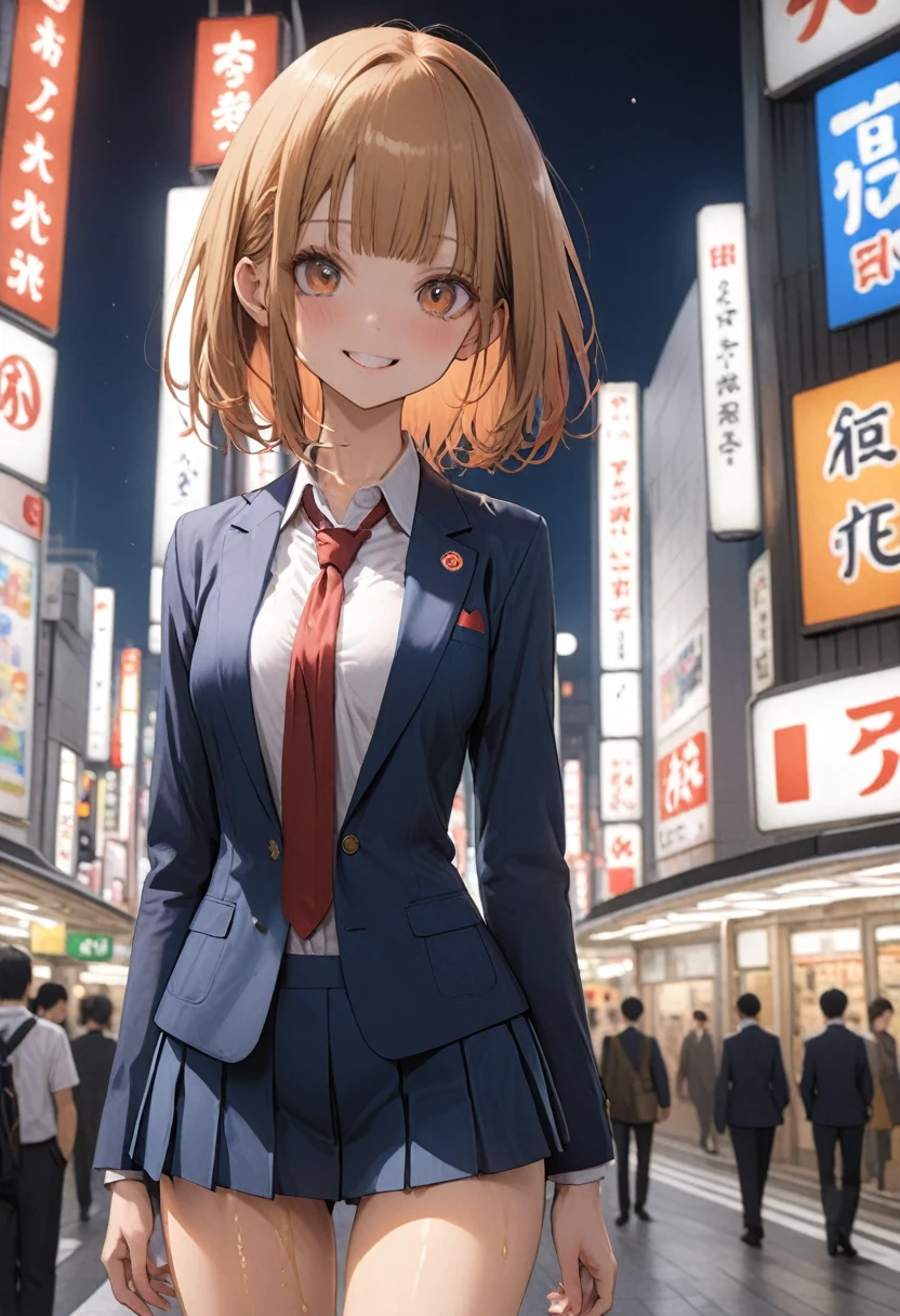 ((masterpiece,Highest quality:1.3,best quality illustration)),cowboy shot,1woman,16-year-old Japan beauty,((very small head:1.4)),short bob hair,blunt bangs,orange hair,brown eyes,gorgeous eyes,blush,smile,medium breasts,((very long body)),(School uniform,Navy blue blazer、Red tie、White Shirt、Navy blue pleated mini skirt),(toned body,slender body,skinny),gleaming skin,shiny skin,oily skin,standing,Shibuya Station、Tokyo