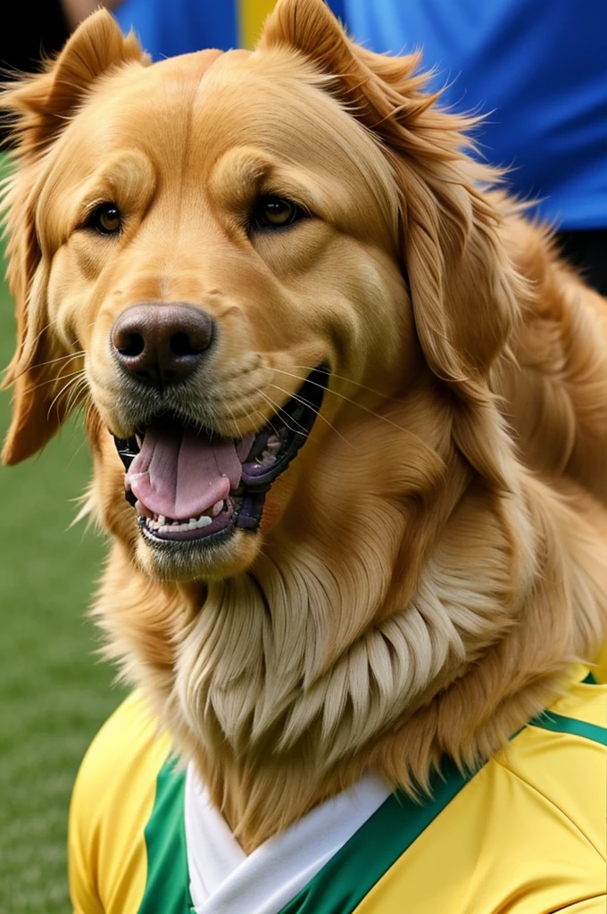 
Impersonate an animated Golden Retriver wearing the Brazil national team shirt at the 2024 Copa América.
.
With a sociable and fun expression. shiny golden fur. Lively and curious look
