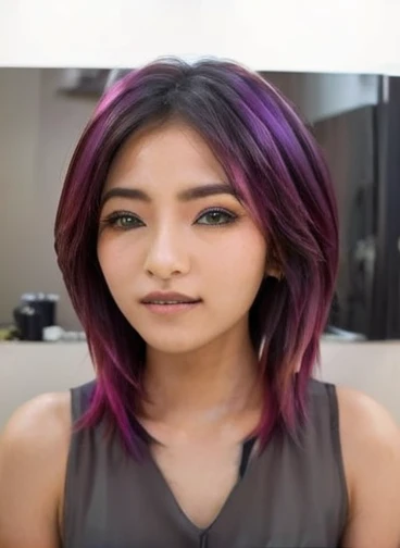a young indonesian woman, sleek and straight hair, at the hair salon. she have a layered haircut, bright rainbow hair with bright yellow, shocking pink, electric blue, neon green, vibrant purple, bright silver, bright orange, and flaming red haircolor. she wears a white dress. she has a confused expression on her face for her new hair. view from her back, as she look in a mirror.