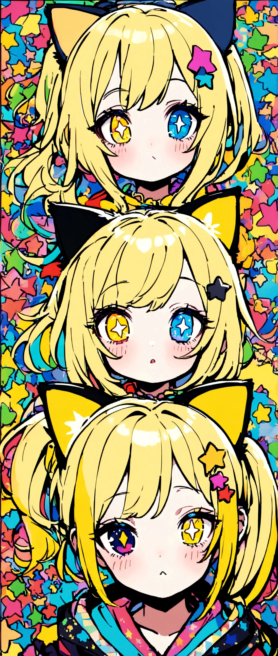 Yellow Hair、Ponytail on the right、Right eye is blue、Left eye is yellow、Odd Eye、Stars in the eyes、Double Peace、Cat ear、Star hair ornament、Girl