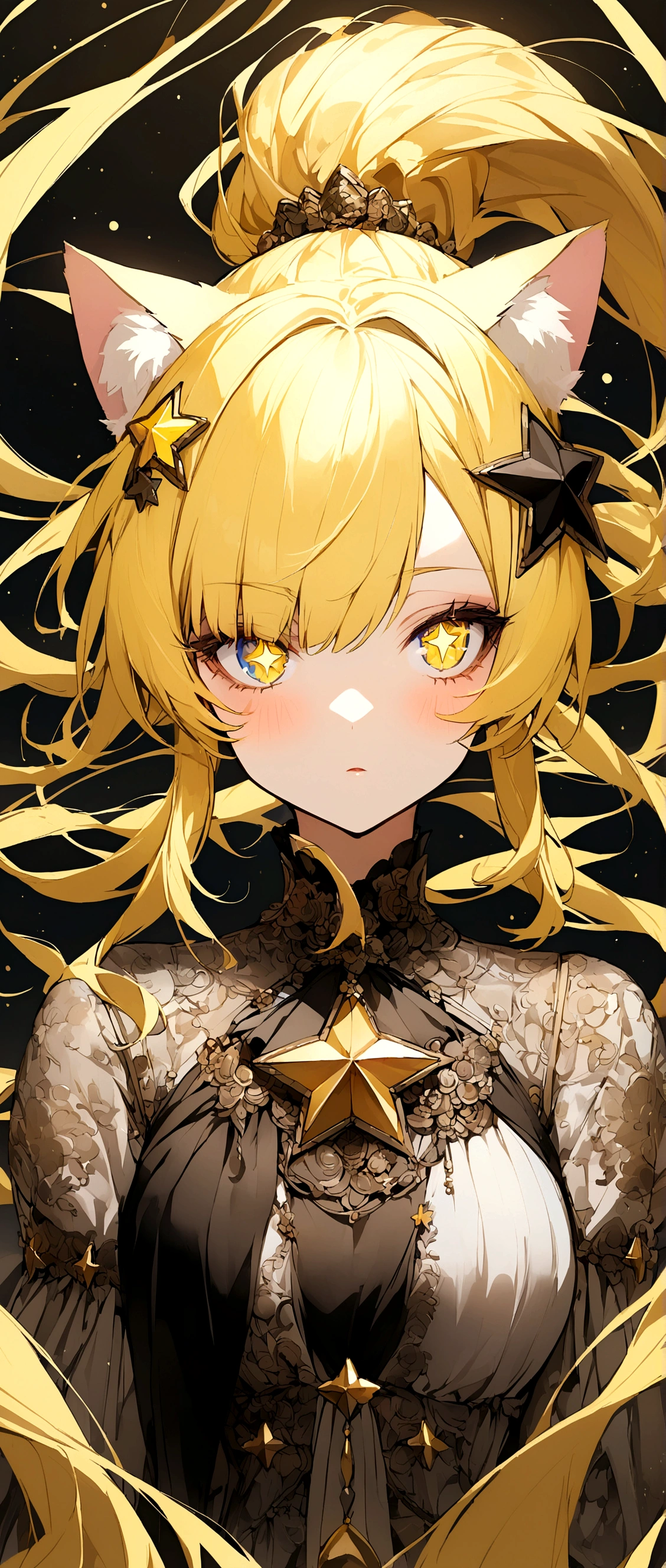 Yellow Hair、Ponytail on the right、Right eye is blue、Left eye is yellow、Odd Eye、Stars in the eyes、Double Peace、Cat ear、Star hair ornament、Girl