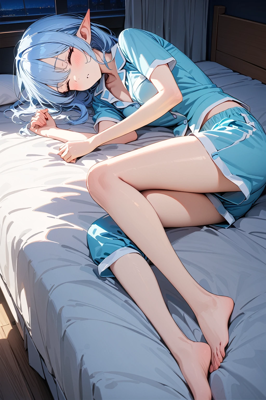 (masterpiece, best quality:1.5), (ultra detailed, high resolution, 8k, beautiful detailed, UHD, best anatomy), pale blue hair, very flat breasts, 1 attractive elf, barefoot, bed room, night, Lying on the bed, asleep, Both eyes closed, Pajamas with short sleeves and short pants, An expression of relief