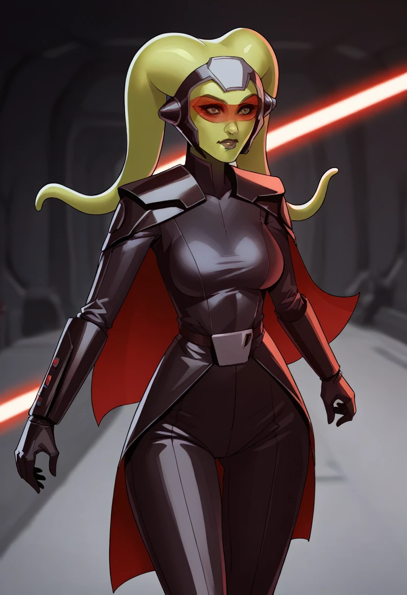 score_9, score_8_up, score_7_up, score_6_up, 2d, rating_questionable, rating_safe, BREAK ((green skin)) Female Twi'lek (((hera syndulla ))), helmet with red visor, star wars, armor,black gloves,tight bodysuit,black cape,black pants, close up, solo, standing, front view, medium breasts, wide hips, holding lightsaber, double edged, action pose, red blade, indoors, sith base, science fiction,
