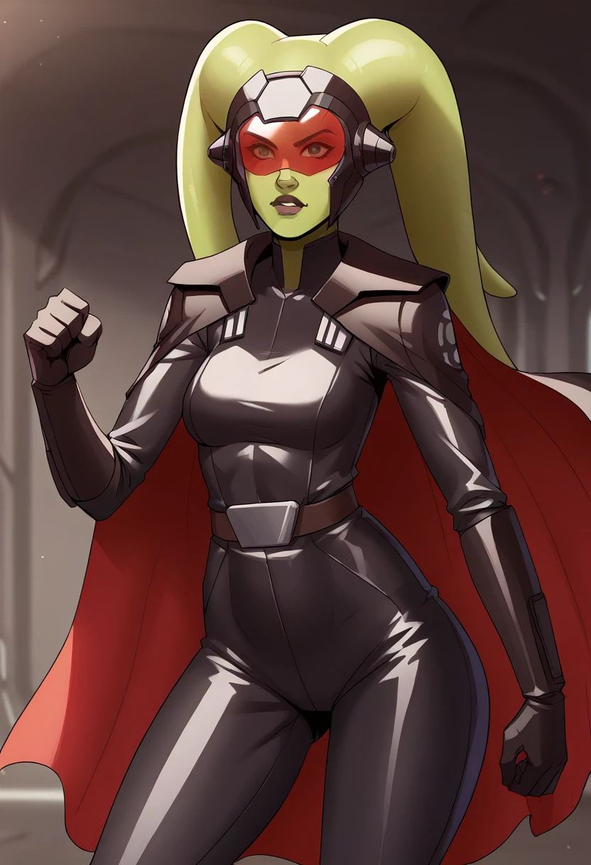 score_9, score_8_up, score_7_up, score_6_up, 2d, rating_questionable, rating_safe, BREAK ((green skin)) Female Twi'lek (((hera syndulla ))), helmet with red visor, star wars, armor,black gloves,tight bodysuit,black cape,black pants, close up, solo, standing, front view, medium breasts, wide hips, holding lightsaber, double edged, action pose, red blade, indoors, sith base, science fiction,
