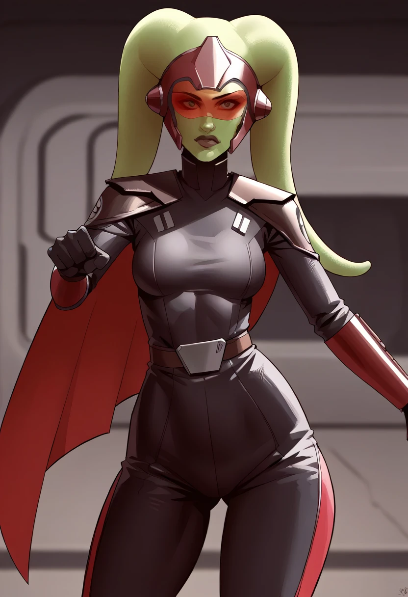 score_9, score_8_up, score_7_up, score_6_up, 2d, rating_questionable, rating_safe, BREAK ((green skin)) Female Twi'lek (((hera syndulla ))), helmet with red visor, star wars, armor,black gloves,tight bodysuit,black cape,black pants, close up, solo, standing, front view, medium breasts, wide hips, holding lightsaber, double edged, action pose, red blade, indoors, sith base, science fiction,
