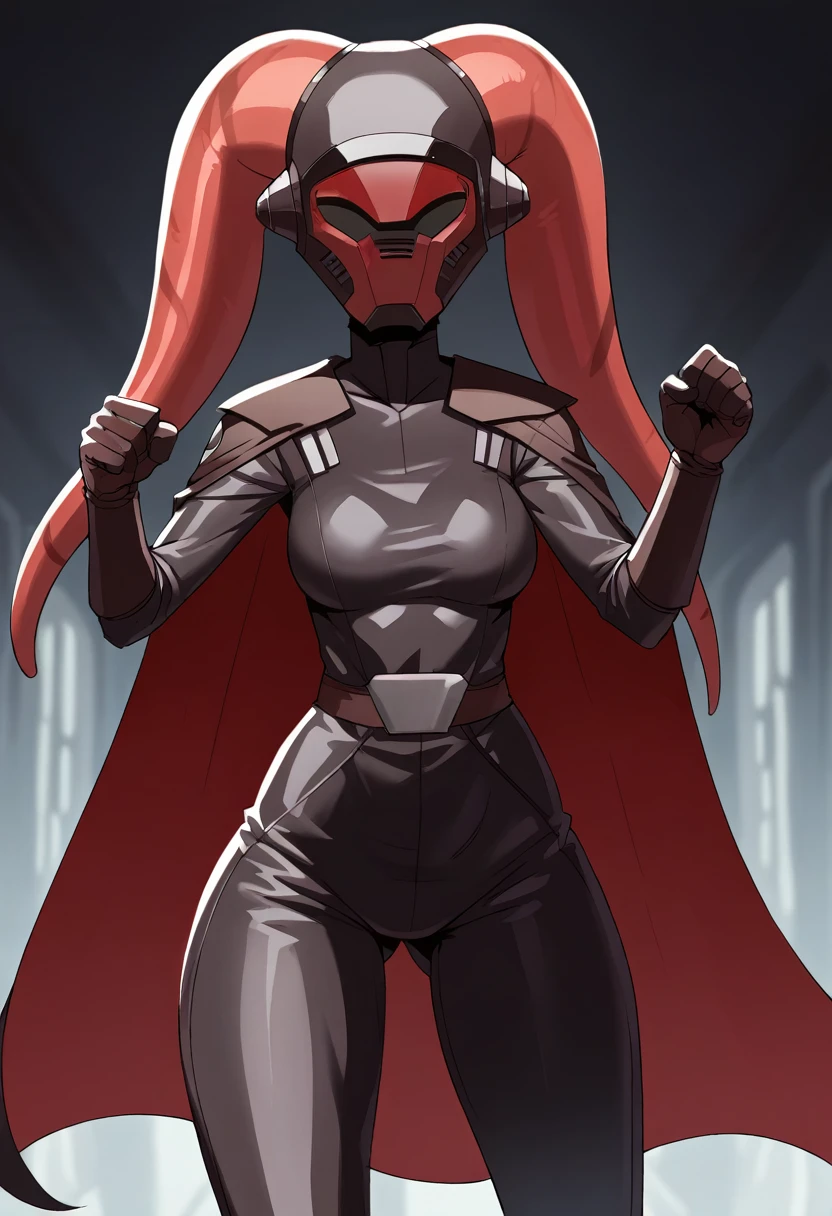 score_9, score_8_up, score_7_up, score_6_up, 2d, rating_questionable, rating_safe, BREAK ((green skin)) Female Twi'lek (((hera syndulla ))), helmet with red visor, star wars, armor,black gloves,tight bodysuit,black cape,black pants, close up, solo, standing, front view, medium breasts, wide hips, holding lightsaber, double edged, action pose, red blade, indoors, sith base, science fiction,
