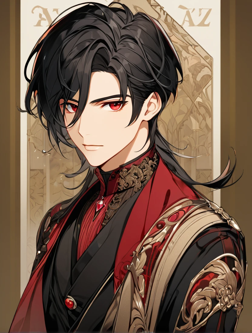 (Black_Hair), (red_ruby_eyes), (Handsome), (attractive), (male), (close_up_shot), (detailed_eyes), (detailed_hair), (clean_hair), (vertical_pupils), (jawline), (wears_aristrocatic_outfit), (in_his_early_twenties)