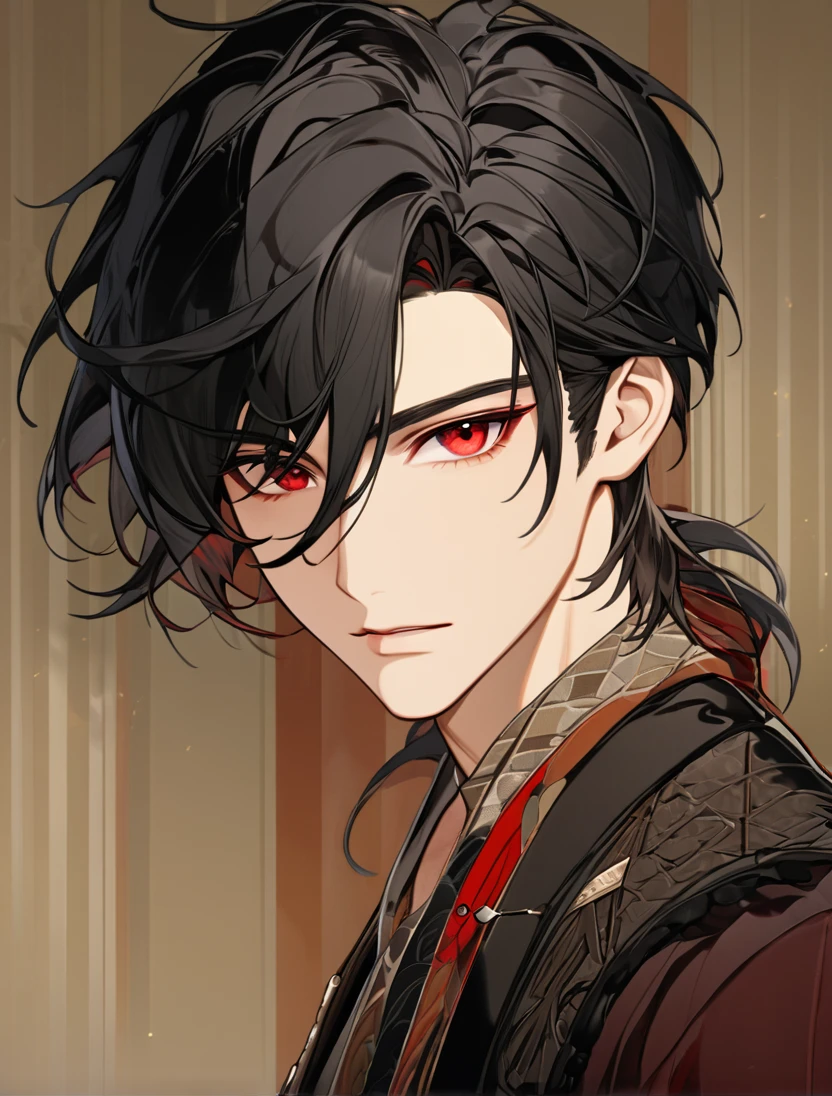 (Black_Hair), (red_ruby_eyes), (Handsome), (attractive), (male), (close_up_shot), (detailed_eyes), (detailed_hair), (clean_hair),  (vertical_pupils), (jawline), (wears_aristrocatic_outfit), (in_his_early_twenties) 