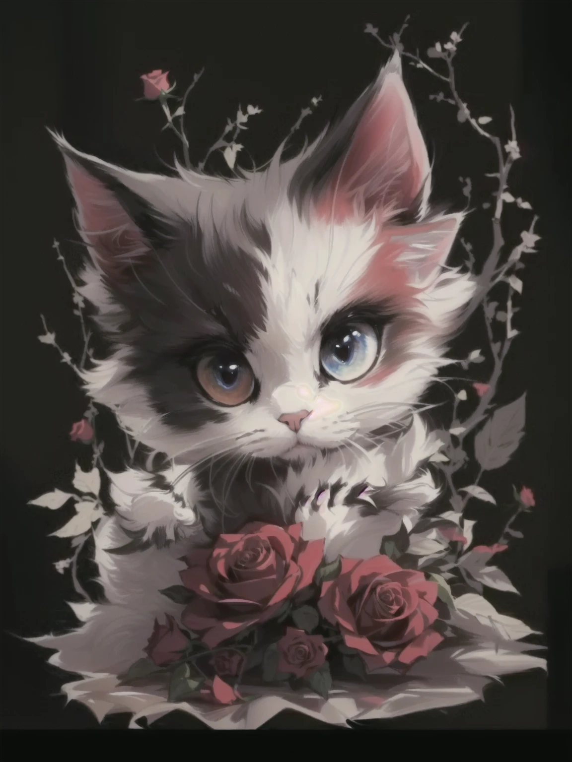 Close-up of a cat,There is a red rose beside me, Animated visual of cute cats, Anime cat, Cat design, author:Dom Qwek, realistic Anime cat, Lovely and detailed digital art, Lovely artwork, 非常美丽可爱的 author:Lambert Doomer, Cute digital art, Furry cat T-shirt design,Thorn rose