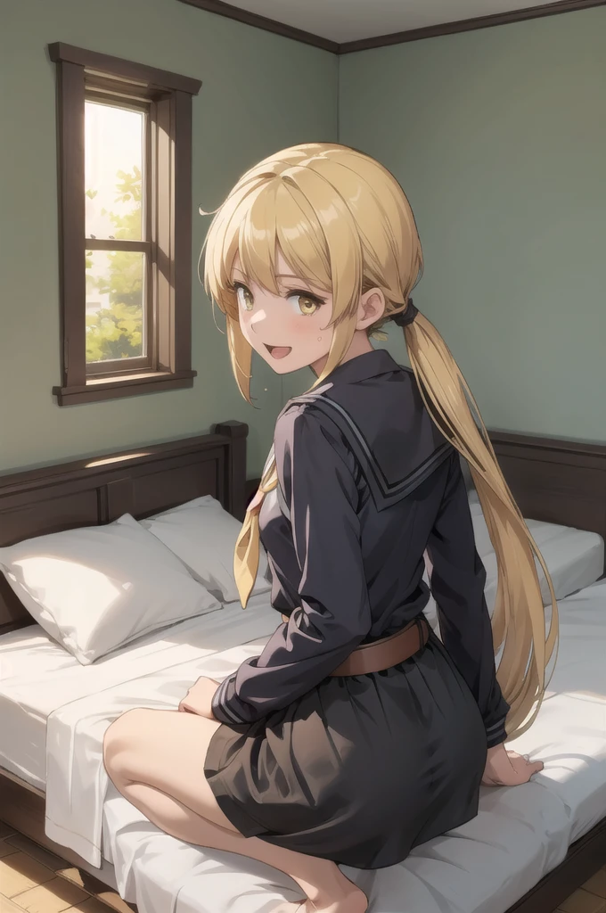 (masterpiece), (Highest quality), (Super detailed), ((Very delicate and beautiful)), One girl, 独奏, Satsuki, Blonde, Cowboy Shot, Black Sailor Suit, White neckerchief, Crescent Pin, (very long hair), smile, Flat Chest, belt, Black Skirt, Open your mouth, Sitting, on bed, indoors, Detailed iris, young, (Skirt Lift), (panties), With legs apart, Squat, From behind, Butt