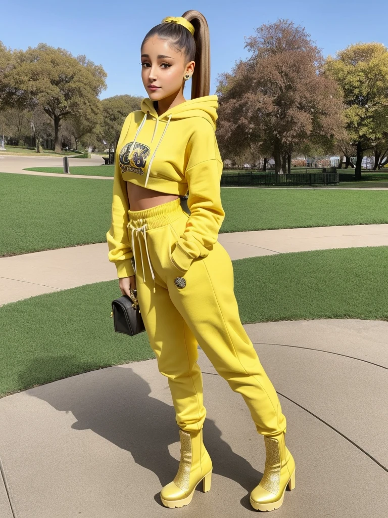 Ariana Grande, wearing a yellow hoodie with hidden pants, gold boots with rhinestones, hair tied in a high ponytail, posing for photos in the park, pouting