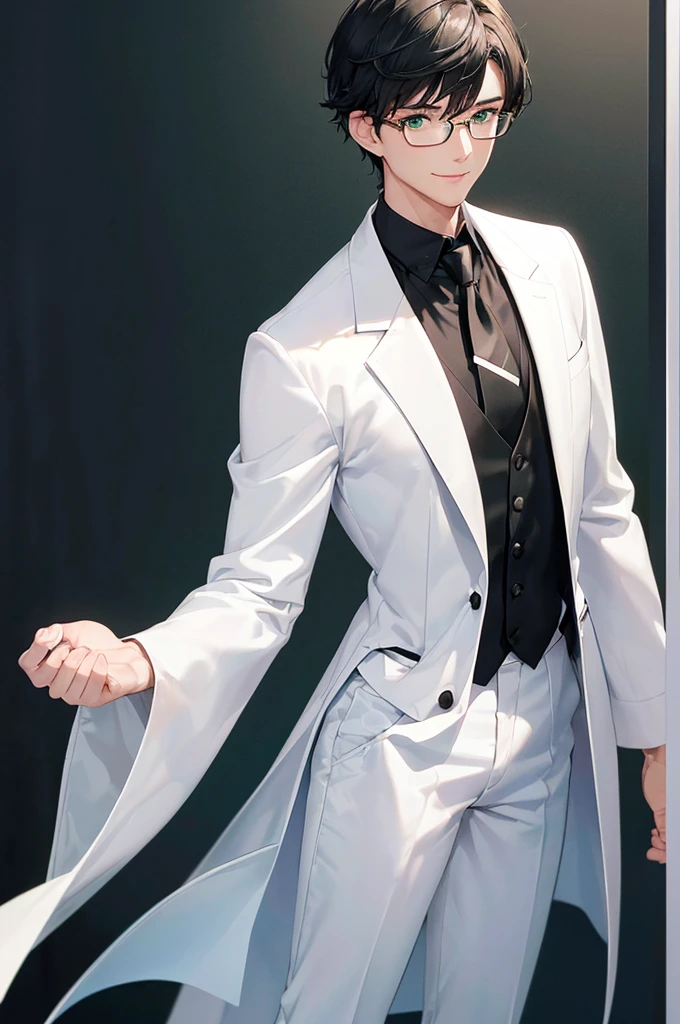 (masterpiece; best quality: 1.2), (finely detailed eyes: 1.3), ((25 year old man)), ((solo)), (green eyes: 1.4), (body; lean, lithe, masculine: 1.3), (very short black hair: 1.3), (beautiful and clear background: 1.2), ((depth of field)), (equipment: white open labcoat + black shirt + white necktie + white pants + black square glasses: 1.3), (anime illustration: 1.2), (background composition; japanese highschool classroom + furniture: 1.1), (extremely fine and handsome: 1.1), (shot composition; standing + centered on torso + close-up: 1.5), (expression; calm, smile: 1.2)