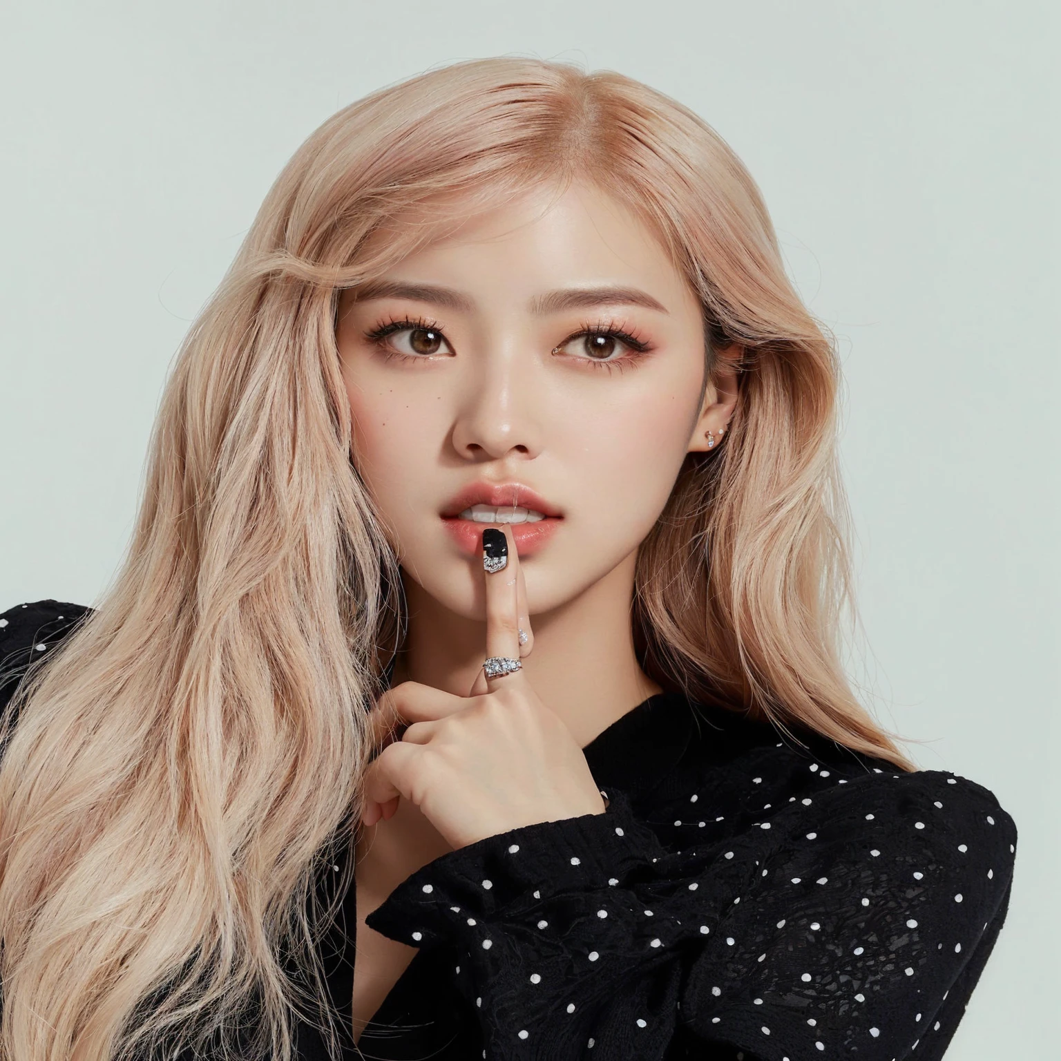 un primer plano de una persona con un dedo en el labio, portrait of jossi of rosa negro, roseanne park roseanne negro, jossi of rosa negro, portrait jisoo rosa negro, lalisa manoban of rosa negro, Lalisa Manobal, rosa negro, retrato del ídolo kpop, jisoo of rosa negro, retrato de ídolo coreano femenino, jisoo from rosa negro, Jinyoung Shin, sun yunjoo