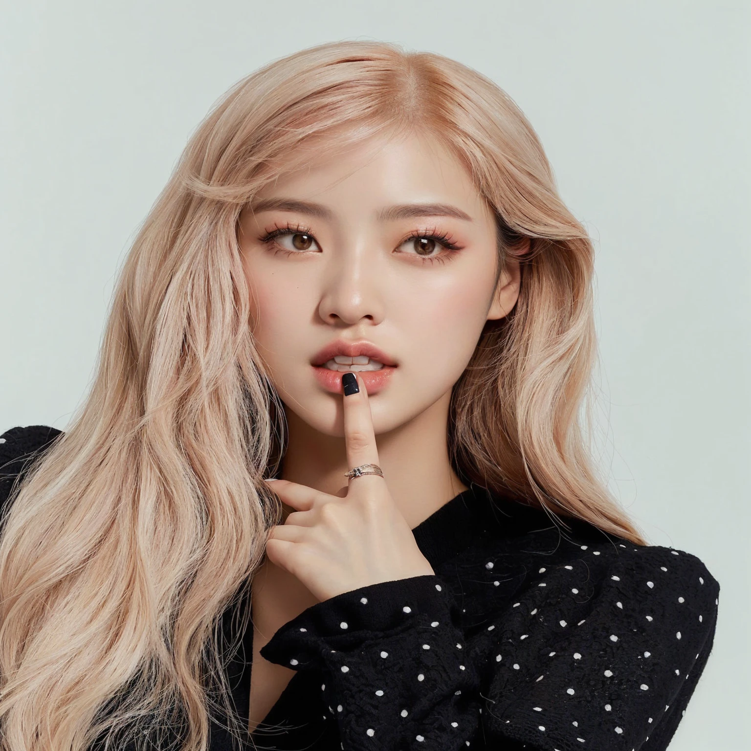 un primer plano de una persona con un dedo en el labio, portrait of jossi of rosa negro, roseanne park roseanne negro, jossi of rosa negro, portrait jisoo rosa negro, lalisa manoban of rosa negro, Lalisa Manobal, rosa negro, retrato del ídolo kpop, jisoo of rosa negro, retrato de ídolo coreano femenino, jisoo from rosa negro, Jinyoung Shin, sun yunjoo