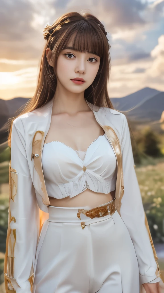 ((masterpiece, best quality, Extremely detailed), Volumetric Lighting, Ambient Occlusion, rich and colorful, Luminescence), 1 Girl, Solitary, Young Girls, (Chestnut bangs), Long hair, Halo, Halo, sacred, goddess, Priesthood, (White suit with gold details:1.3), armor, outdoor, Sunset, Sky, cloud, space, (Fantasy theme:1.2),