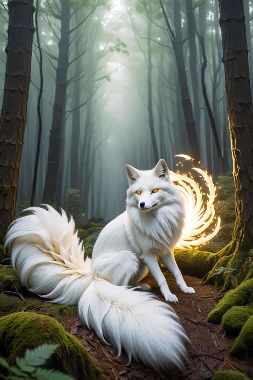 "Majestic nine-tailed fox, Kyubi no Kitsune, with flowing white fur, glowing golden eyes, multiple tails spread out like a fan, sitting in a mystical forest clearing, foxfire (kitsunebi) floating around, ethereal atmosphere"