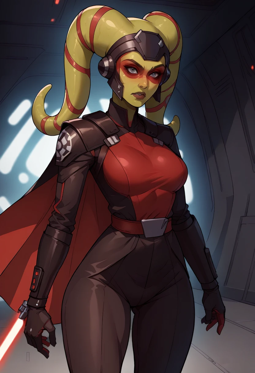 score_9, score_8_up, score_7_up, score_6_up, 2d, rating_questionable, rating_safe, BREAK ((green skin)) Female Twi'lek (((hera syndulla ))), helmet with red visor, star wars, armor,black gloves,tight bodysuit,black cape,black pants, close up, solo, standing, front view, medium breasts, wide hips, holding lightsaber, double edged, action pose, red blade, indoors, sith base, science fiction,
