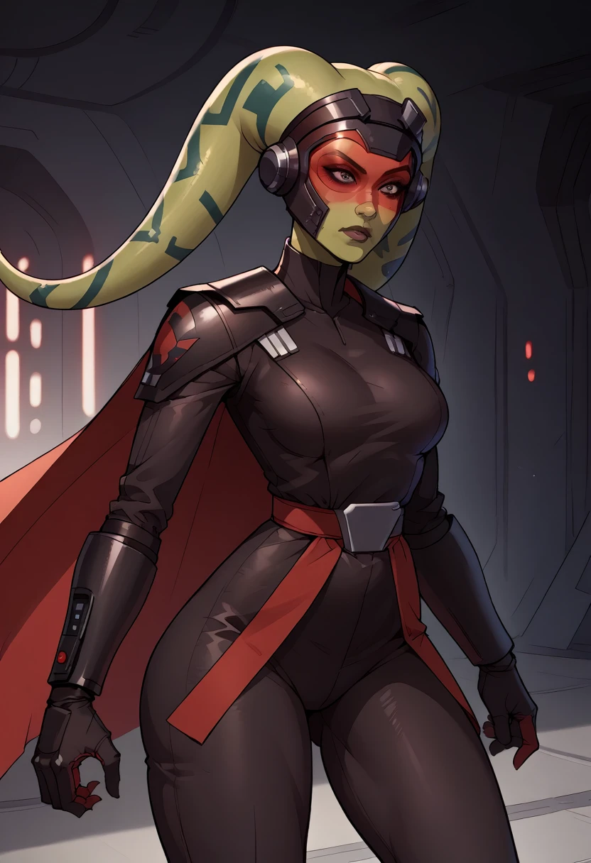 score_9, score_8_up, score_7_up, score_6_up, 2d, rating_questionable, rating_safe, BREAK ((green skin)) Female Twi'lek (((hera syndulla ))), helmet with red visor, star wars, armor,black gloves,tight bodysuit,black cape,black pants, close up, solo, standing, front view, medium breasts, wide hips, holding lightsaber, double edged, action pose, red blade, indoors, sith base, science fiction,
