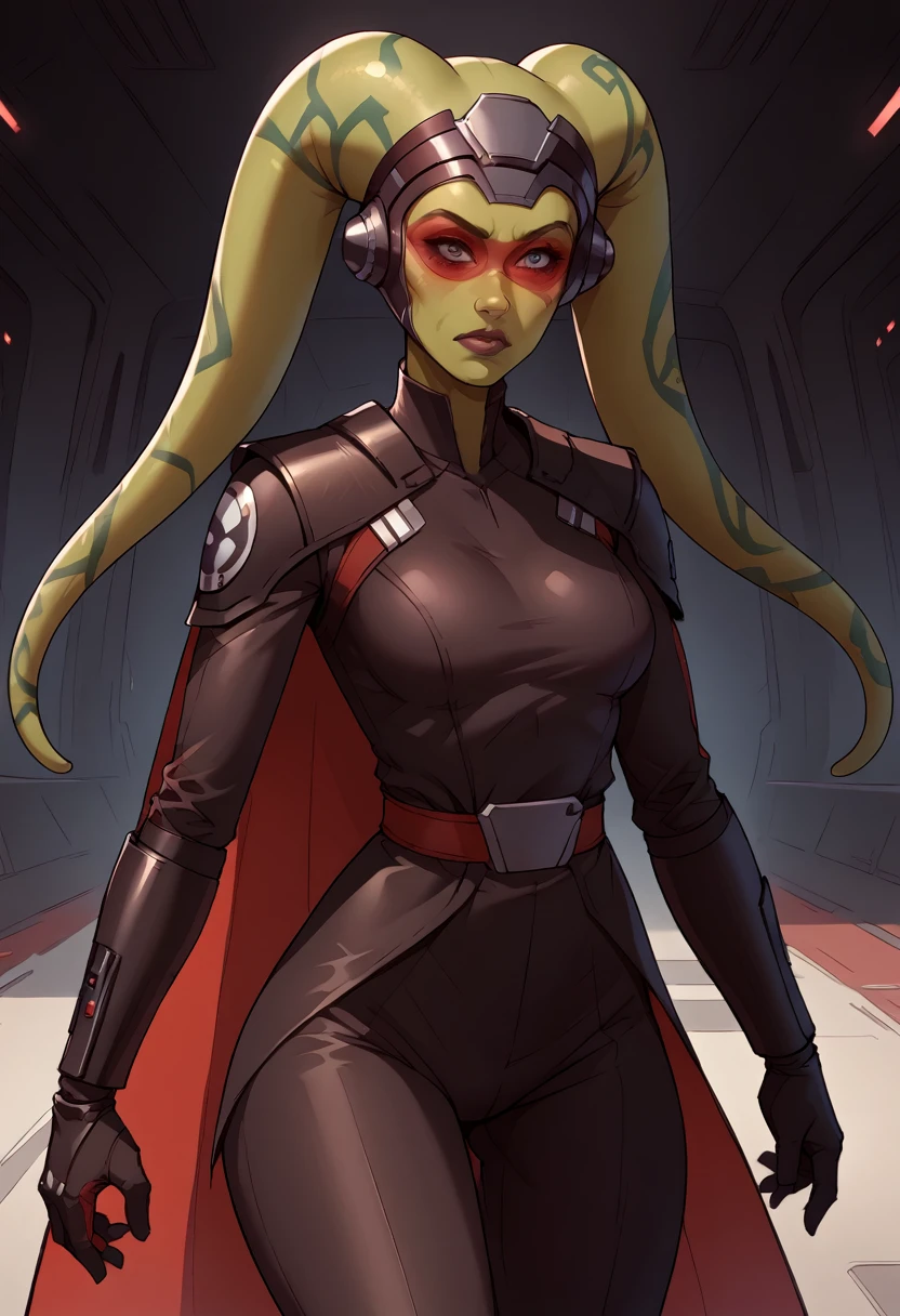 score_9, score_8_up, score_7_up, score_6_up, 2d, rating_questionable, rating_safe, BREAK ((green skin)) Female Twi'lek (((hera syndulla ))), helmet with red visor, star wars, armor,black gloves,tight bodysuit,black cape,black pants, close up, solo, standing, front view, medium breasts, wide hips, holding lightsaber, double edged, action pose, red blade, indoors, sith base, science fiction,
