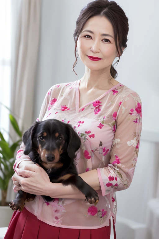 elegant mature japanese woman, 55 years old, married, delicate features, long eyelashes, sparkling eyes, low ponytail, red lipstick, rosy cheeks, eyeshadow, alluring lips, floral sheer blouse, slit skirt, hugging dachshund, (best quality,8k,highres,masterpiece:1.2),ultra-detailed,photorealistic,vivid colors,studio lighting,cinematic lighting
