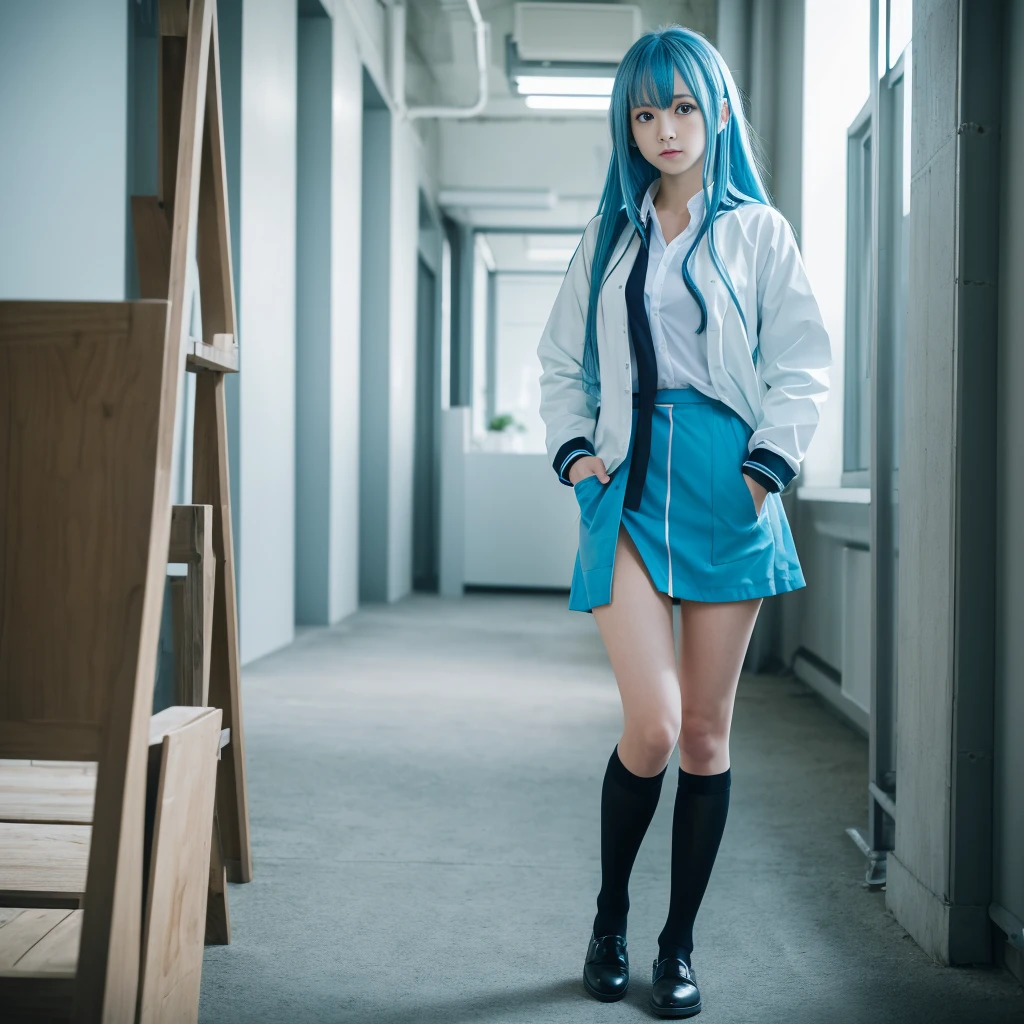 masterpiece, 最high quality, high quality, High resolution, One girl, alone, Aqua (KonoSuba), Blue Hair, Long Hair, blue eyes, White shirt ,Long white coat, Black office skirt, Knee socks, whole body, Are standing, Put your hands in your pockets, boredom, Depth of written boundary, Research Room,nwfs