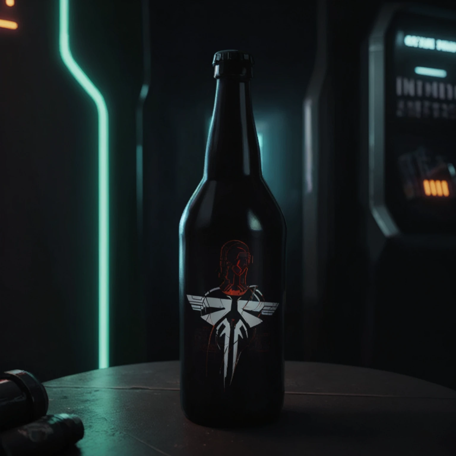 One bottle in the picture.A bottle of cyber beer presented in cyberpunk style, with characteristic elements: smooth, matte coating, decorated with bright neon luminous inserts. Design includes digital pixel patterns and abstract graphic elements, creating the effect of digital disruption and the future of the technological world. The main color of the bottle is deep purple, red, orange or green. This combination gives the product a unique cyberpunk style and modern look..
Bottle with holographic labels, depicting robotic fruits reflecting the taste of the future.
