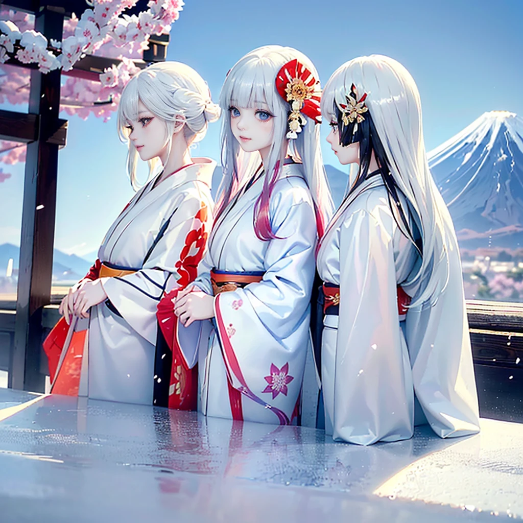 ((masterpiece、Highest quality、High resolution、High-quality images、8K、Skin Radiance、Texture of skin and clothing、 Expression of fine eyes、Shiny Hair,Long Hair Girl)), Manga inspired by Lee Jong-suk, Trending on deviantart, realism, detailed manga style, Manga art style, Perfect Line Drawing, Beautiful line art, digital manga art girl, K-POPアイドル, dress, Beautiful brown eyes, Fuller lips, Gorgeous face with attention to detail, (Cute Smile), attractive, Innocent, (Perfectly detailed face), (Detailed and carefully drawn hand) Photorealistic images, Written boundary depth, Japanese style princess cut hairstyle, best quality, masterpiece, New Year, (Kimono with strikingly-beautiful-colors except white:1.7), Three Japanese high-school cute girls, ((Facing forward)), gently smiling, (separately side by side:1.7), (The image shows only the upper body:1.7), shrine background, (mount Fuji:1.3),winter(season),(outdoors:1.5)