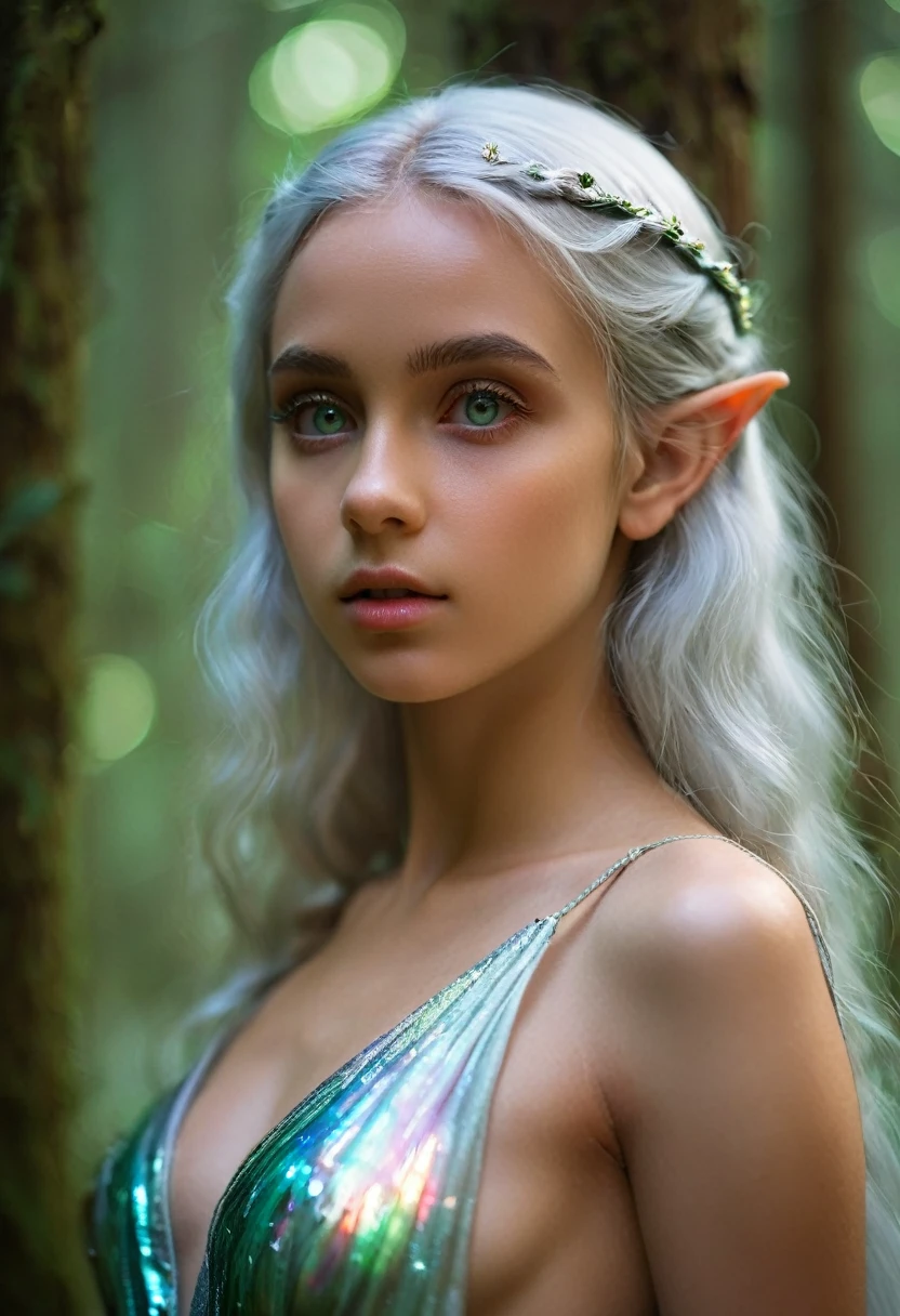 (best quality,4k,8k,highres,masterpiece:1.2),ultra-detailed,(realistic,photorealistic,photo-realistic:1.37),fantasy, (elf:1.5), beautiful girl,14 years old, close-up of face, silver hair, (iridescent slit eyes:1.4), detailed features, ethereal atmosphere, soft lighting, enchanted forest, flowing gown, graceful stance, vibrant colors, (NSFW:1.3), nipples