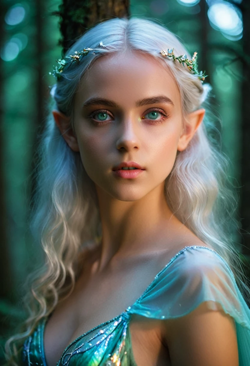 (best quality,4k,8k,highres,masterpiece:1.2),ultra-detailed,(realistic,photorealistic,photo-realistic:1.37),fantasy, (elf:1.5), beautiful girl,14 years old, close-up of face, silver hair, (iridescent slit eyes:1.4), detailed features, ethereal atmosphere, soft lighting, enchanted forest, flowing gown, graceful stance, vibrant colors, (NSFW:1.3), nipples